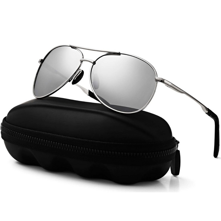 Classic unisex aviator sunglasses with polarized lenses for enhanced vision & UV protection.