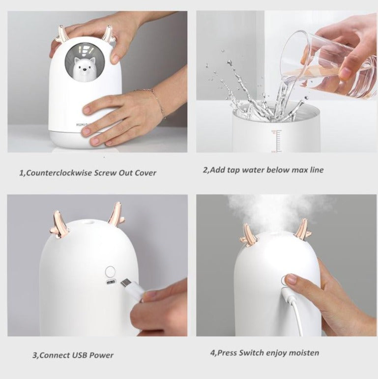 Pink ultrasonic baby humidifier, quiet operation with LED night light for better sleep & improved air quality in nursery.