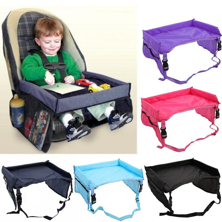 Kids' portable travel tray for car, plane, train. Ideal for snacks, play & activities on the go. Easy to set up.