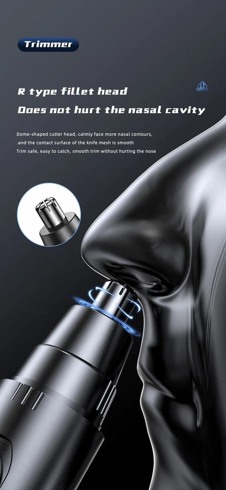 Unisex rechargeable nose & ear hair trimmer. Painless grooming tool for men, women, and travel personal care.