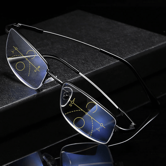 Unisex progressive multi-focus reading glasses for clear vision across various distances.