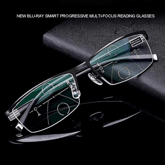 Comfortable unisex progressive reading glasses with anti-blue light protection for digital screens.