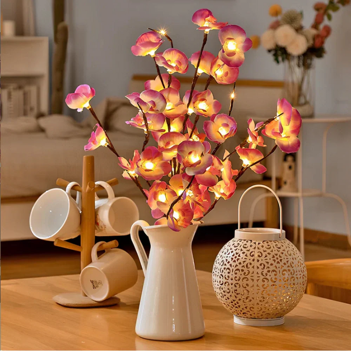 Decorative twig lights with LED flowers, creating a cozy mood lighting accent.