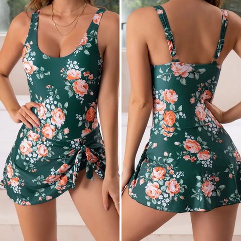 Women's push-up swimsuit with a modest skirt for a flattering shape. Perfect for beach or poolside holidays.
