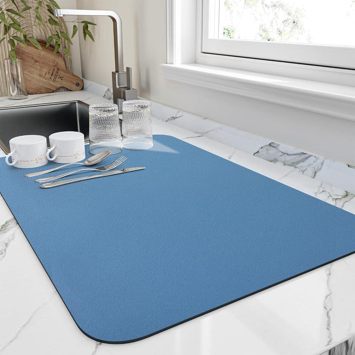 Quick-dry kitchen counter mat, highly absorbent, keeps dishes sanitary & counters dry. Ideal home good.