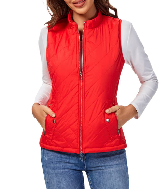 Fashionable women's quilted vest, perfect zip-up outerwear for fall layering.