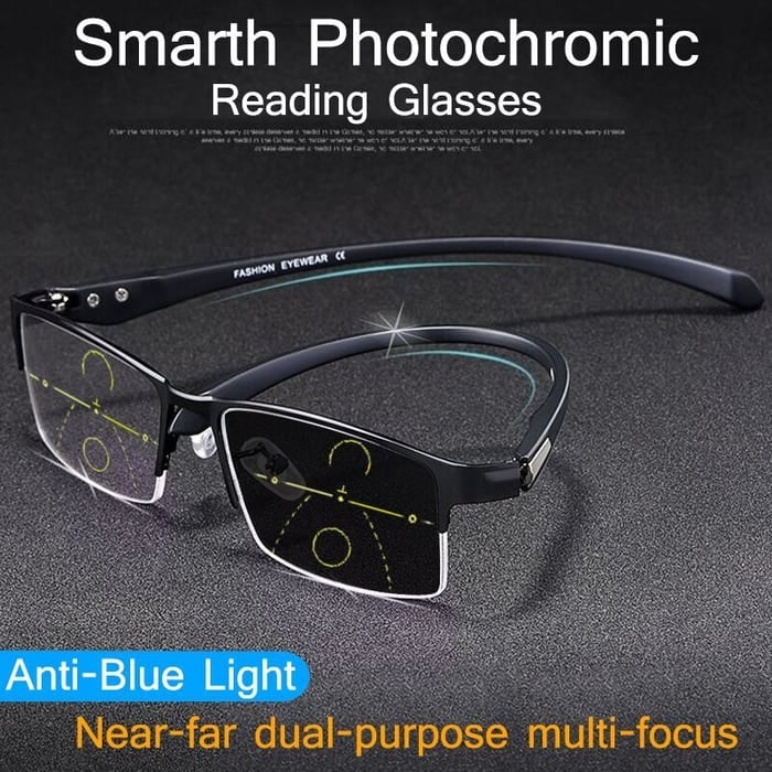 Model wearing stylish unisex progressive reading glasses with blue light filter, suitable for all-day vision care.