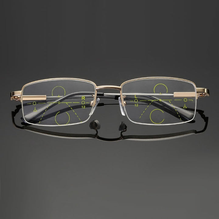 Close-up of progressive photochromic lenses in unisex reading glasses, blocking blue light for digital eye strain relief.