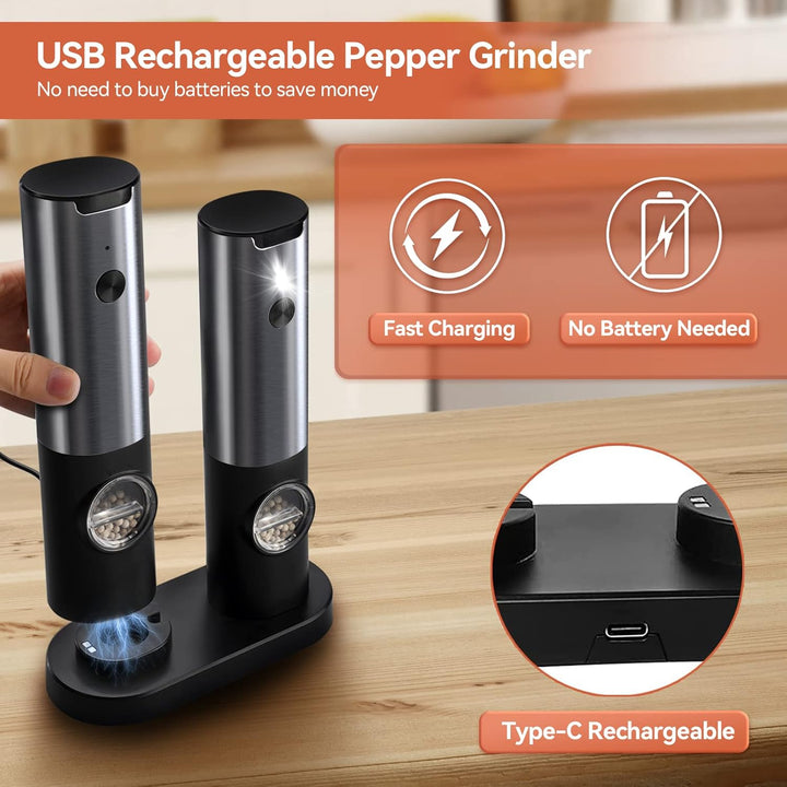 Sleek stainless steel electric salt & pepper grinder set, a convenient rechargeable kitchen gadget.