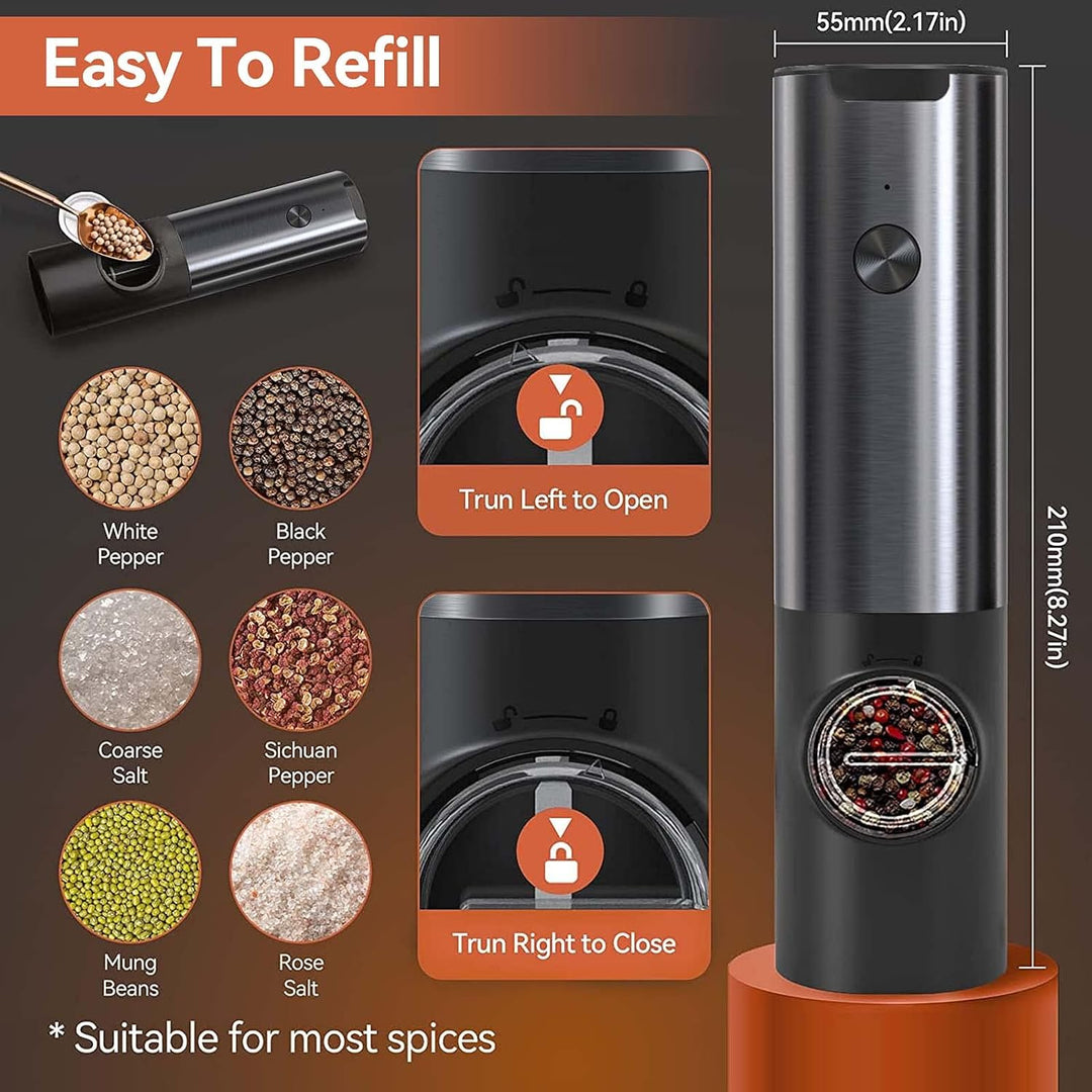 Adjustable grind electric salt and pepper mills, rechargeable cooking accessory with LED light.