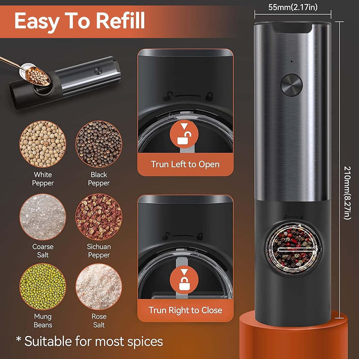 Adjustable grind electric salt and pepper mills, rechargeable cooking accessory with LED light.