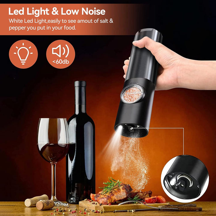 Set of two rechargeable electric grinders for salt & pepper, offering easy one-handed operation.
