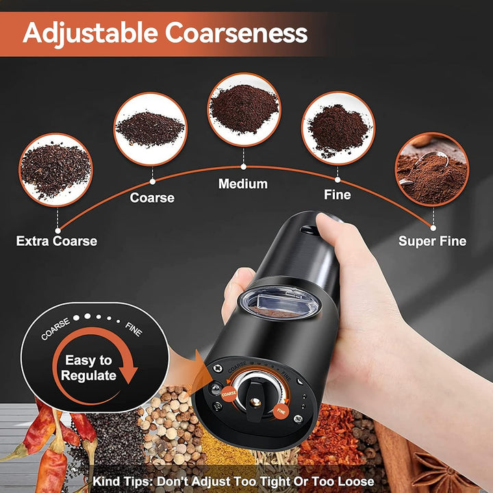 Premium rechargeable electric salt mill & pepper grinder set for a modern kitchen, adjustable.