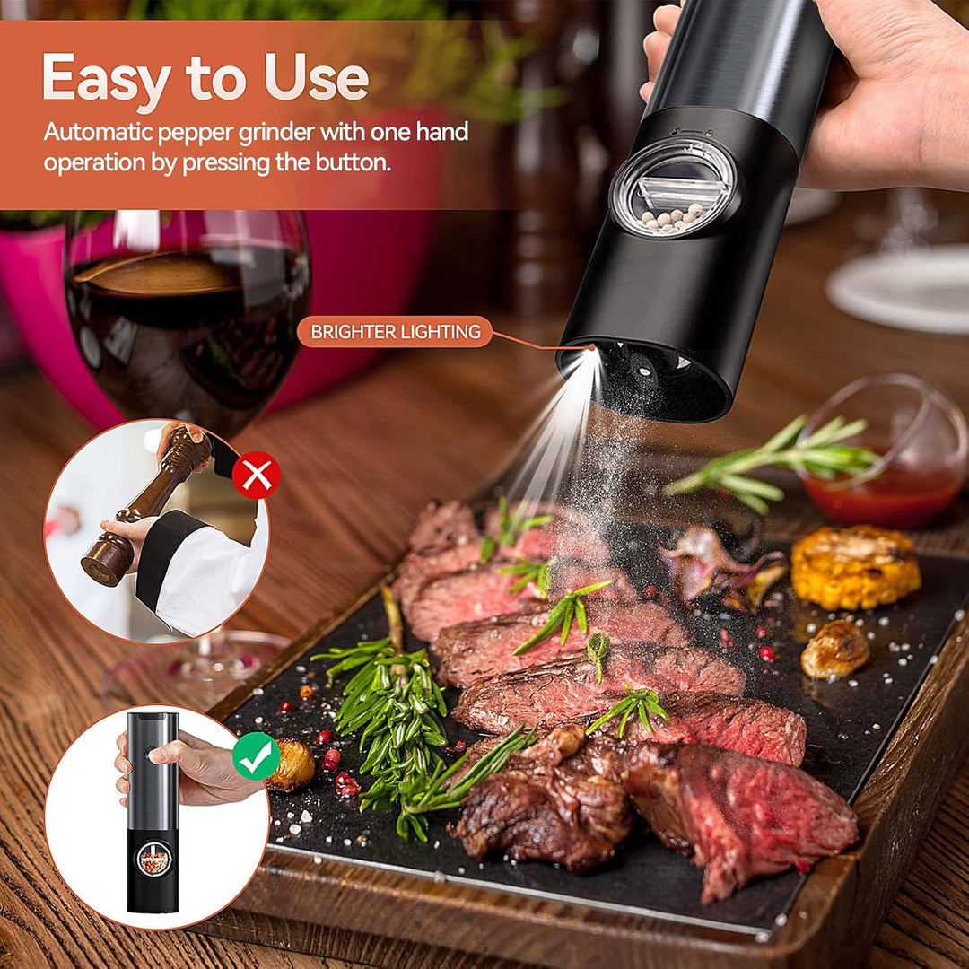 Durable stainless steel electric salt and pepper grinder set, rechargeable for effortless seasoning.