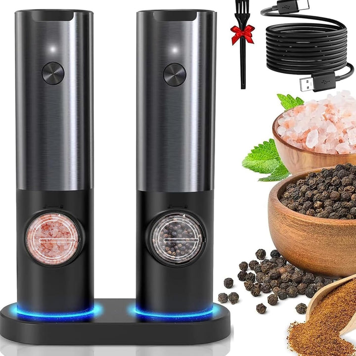 Rechargeable electric salt & pepper grinder set, stainless steel design with adjustable grind.