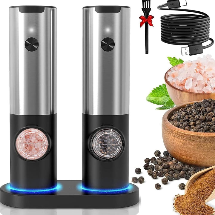 Modern electric pepper mill and salt grinder with LED light, rechargeable for one-handed use.
