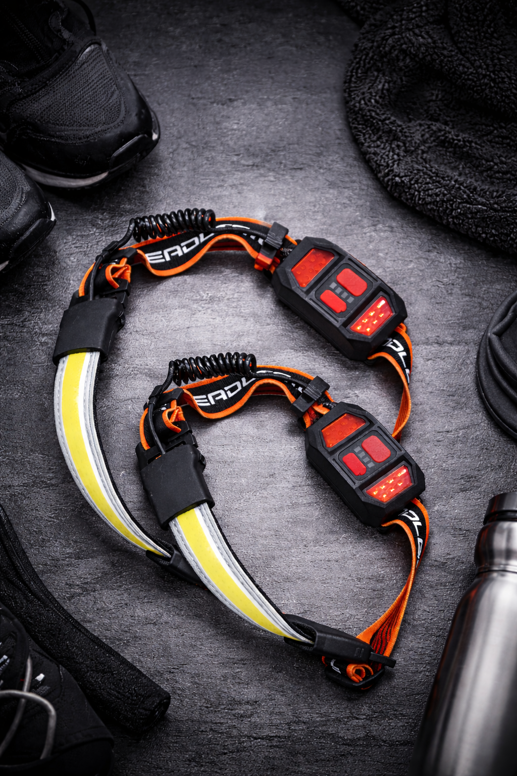 Two rechargeable 1000 lumen LED headlamps. Wide angle, waterproof for camping, hiking, hands-free light.