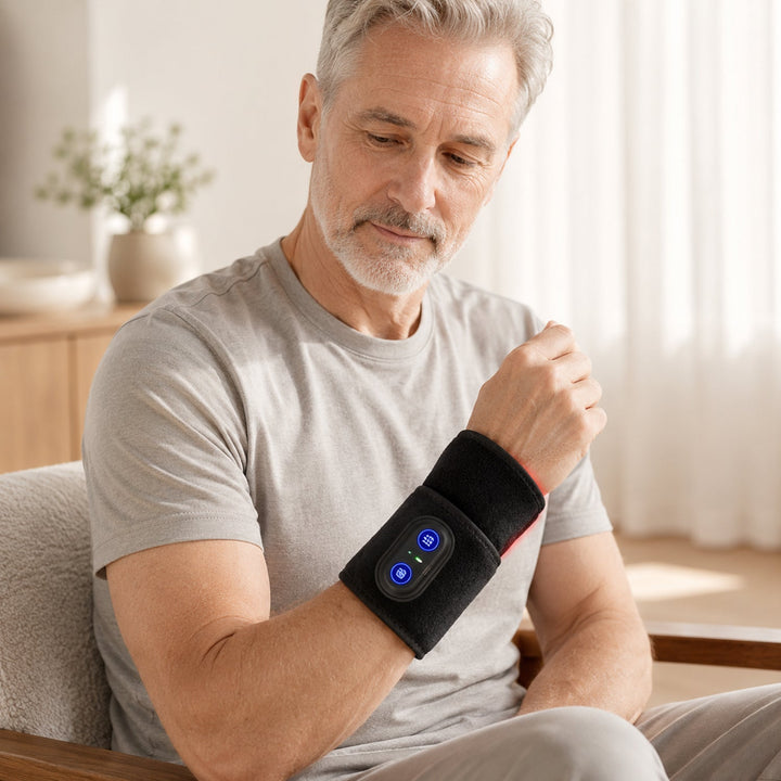 Unisex red light and heat therapy wrap for effective wrist pain relief and recovery. Rechargeable & cordless design.