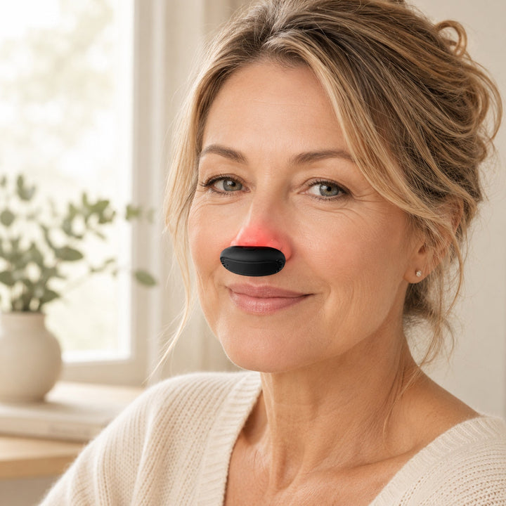 Red light nasal therapy for hay fever, rhinitis & congestion relief. Phototherapy wellness device for respiratory health.
