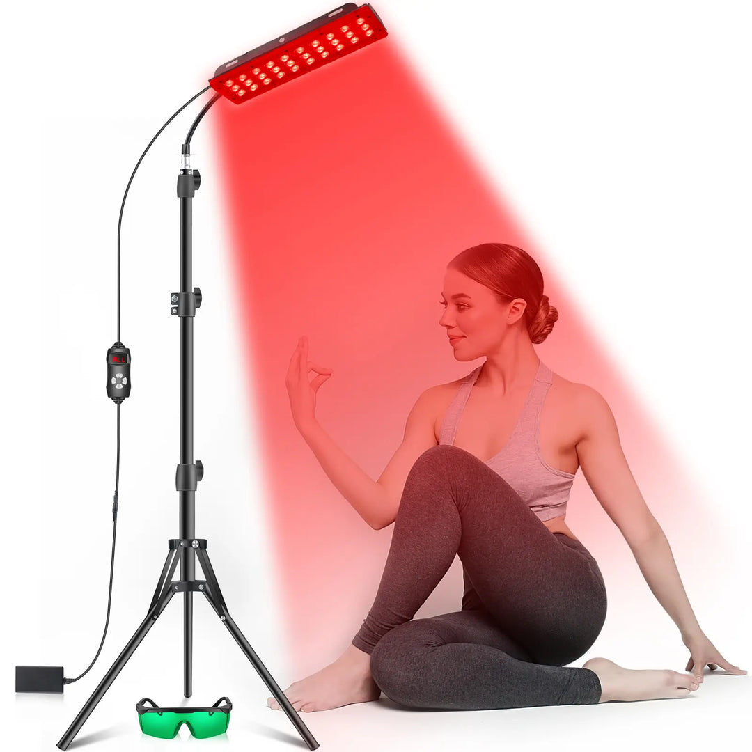 Adjustable red light therapy lamp with infrared LEDs for targeted muscle recovery and healing.