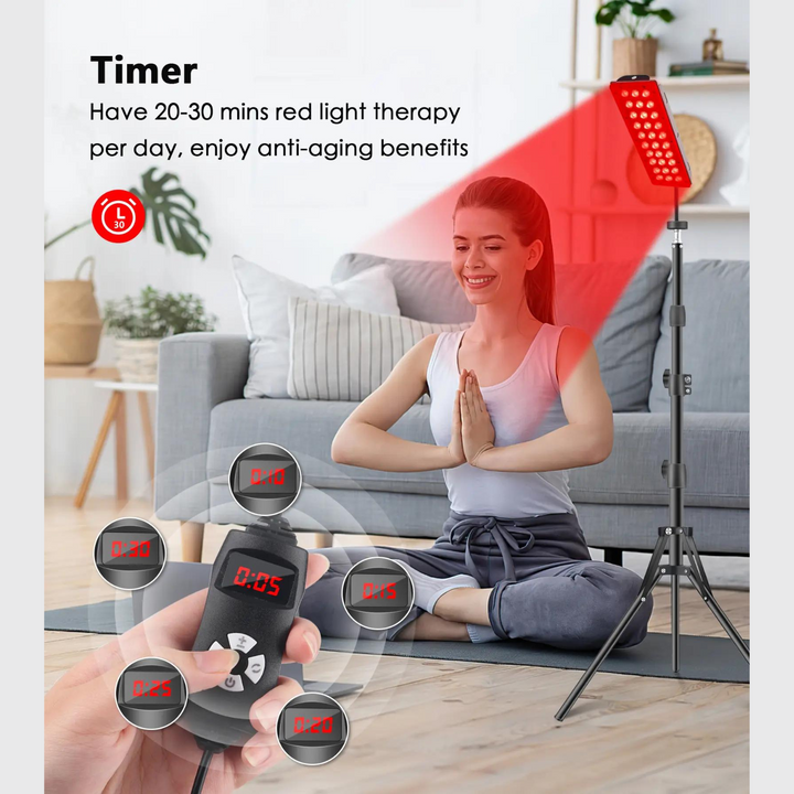 LED red light therapy lamp with an adjustable stand, ideal for at-home pain relief.