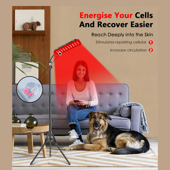 Adjustable red light therapy lamp for body healing, featuring powerful infrared light.