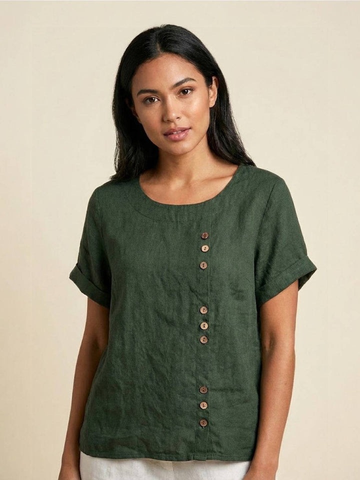 Women's casual short sleeve top with button detail & scoop neck, perfect for everyday wear.