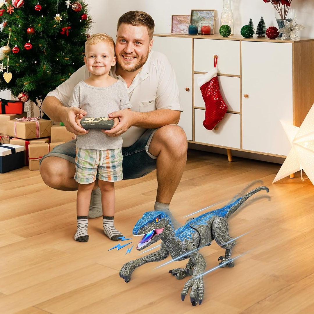 Kids' realistic remote control velociraptor dinosaur toy with sounds for interactive play & imaginative adventures.