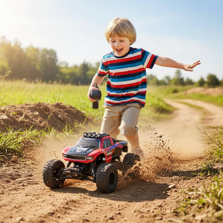 Kids' red amphibious RC monster truck for all-terrain off-road fun. Waterproof 4WD toy car.