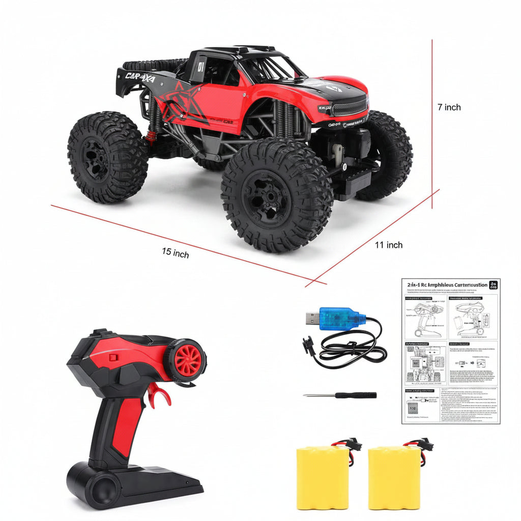 Boys' & girls' amphibious RC monster truck. Red all-terrain waterproof remote control toy for outdoor play.