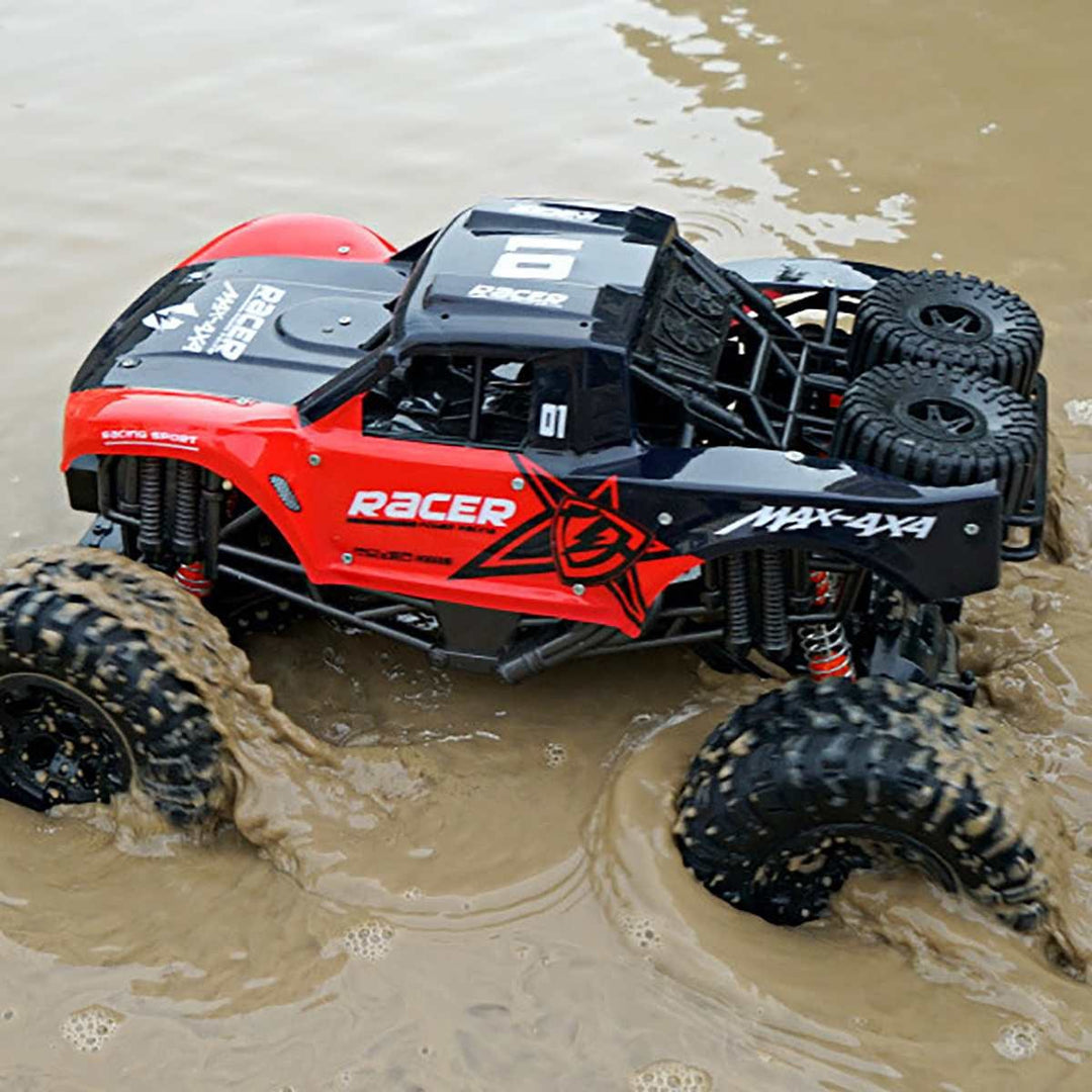 Kids' red amphibious RC monster truck. Waterproof, 4WD, all-terrain remote control car for ultimate outdoor fun.