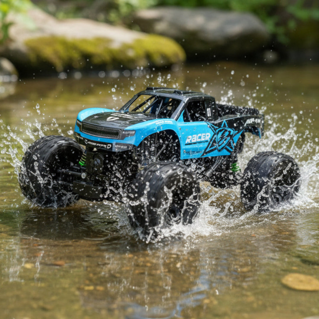 Blue kids' amphibious remote control monster truck. All-terrain 4WD RC toy car for outdoor off-road adventure.