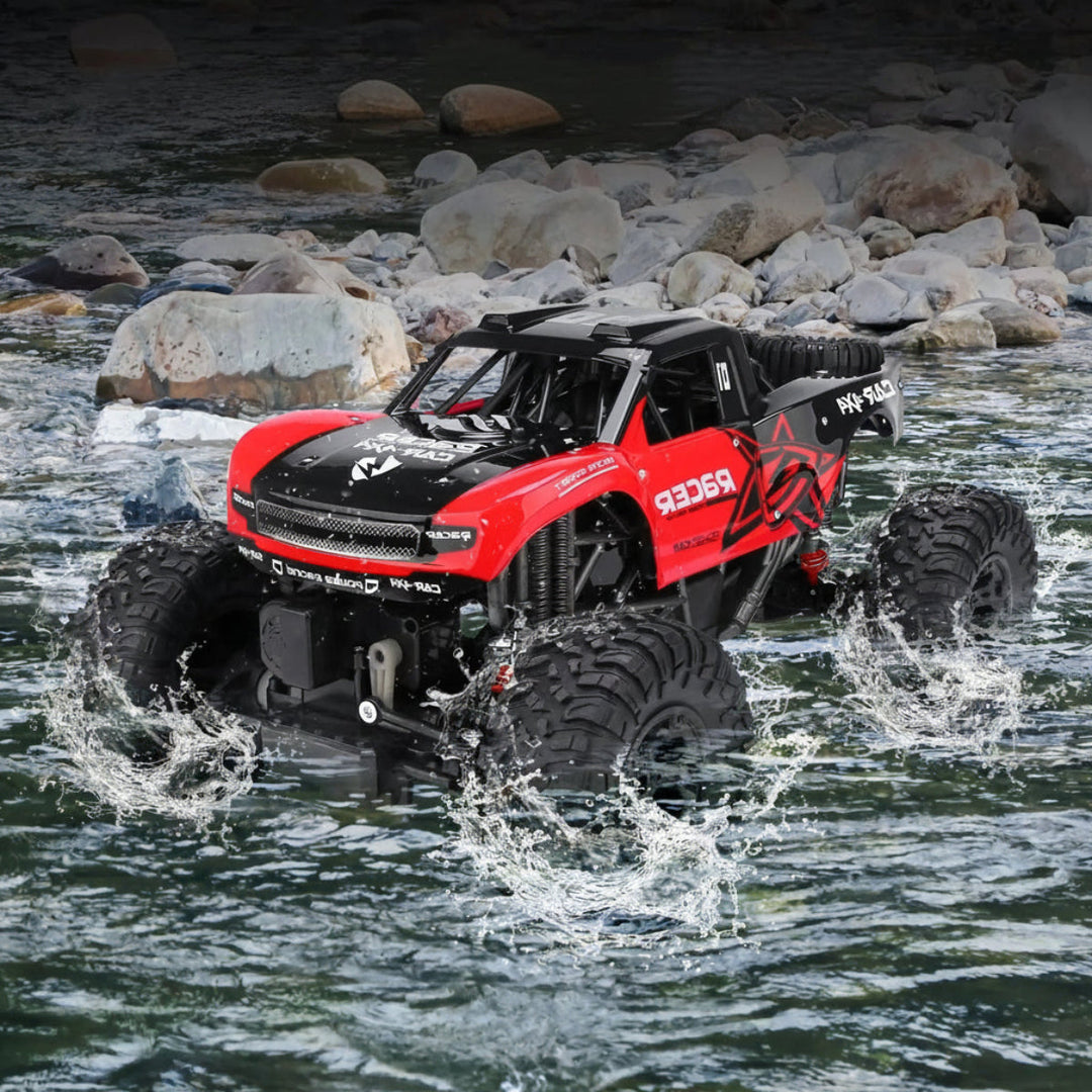 Waterproof 4WD remote control monster truck for kids. Amphibious all-terrain RC vehicle, perfect for outdoor play.