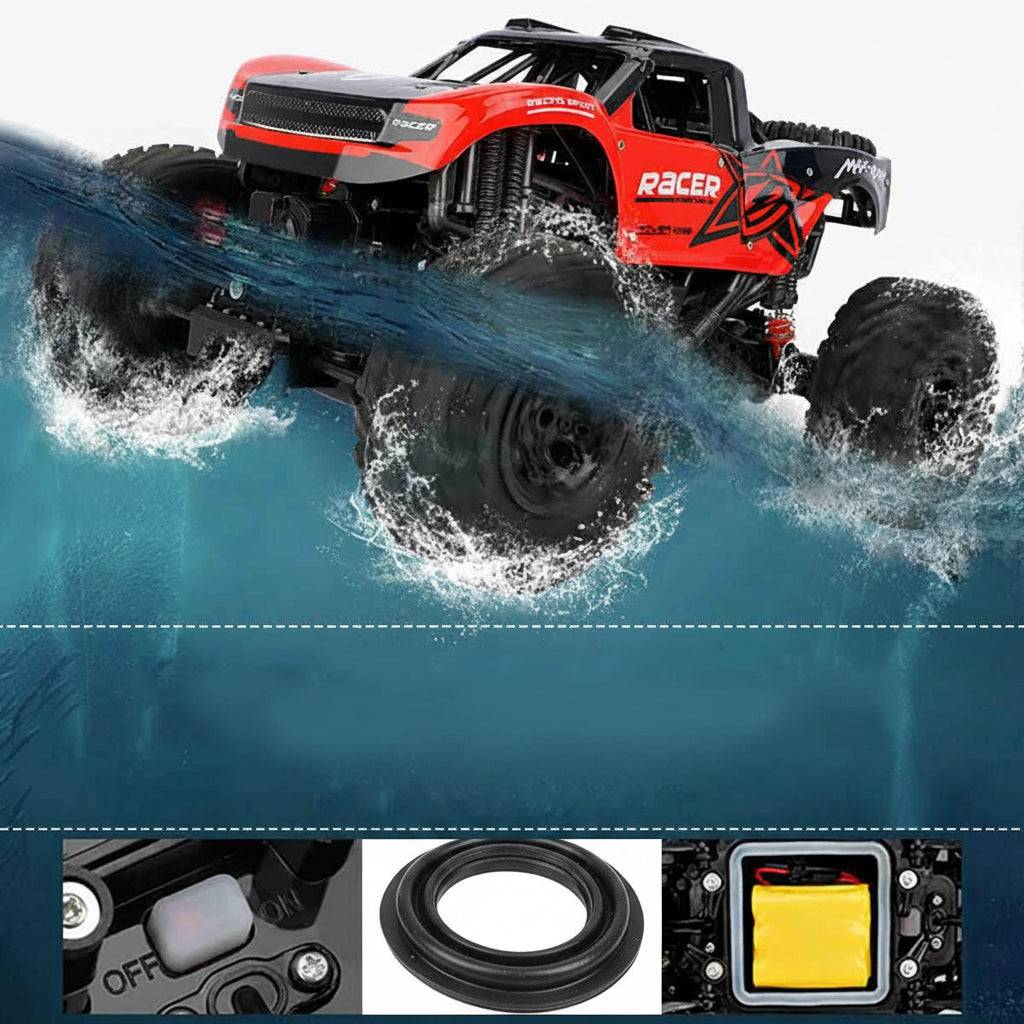 Durable amphibious monster truck RC for kids. Waterproof 4WD all-terrain remote control car, great for any surface.