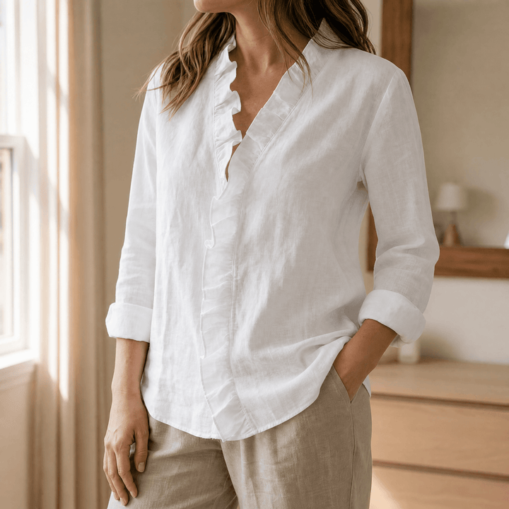 Stylish women's long sleeve blouse, grey, with a unique ruffle neck accent, great for everyday elegance.