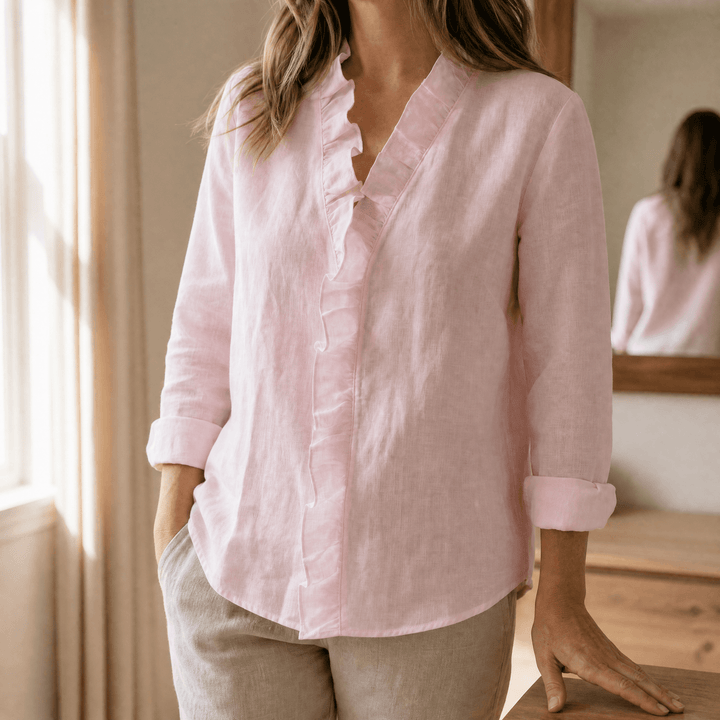 Comfortable women's long sleeve blouse, featuring a chic ruffle neck and elegant V-neckline for versatility.