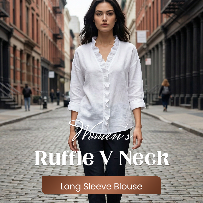 Versatile women's blouse, black, with a graceful ruffle neck and long sleeves, suitable for many occasions.
