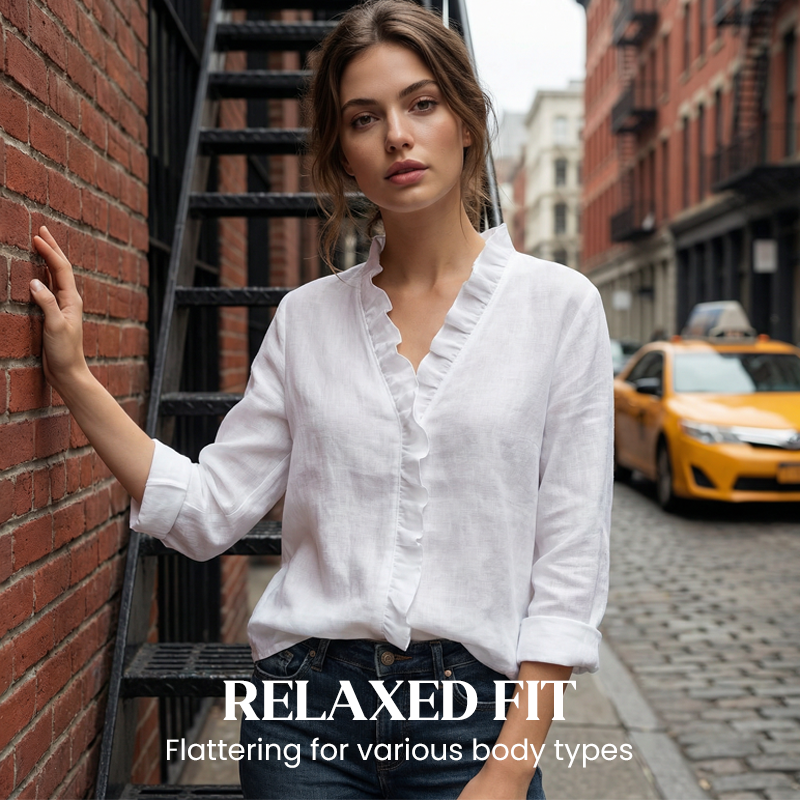 Sophisticated long sleeve V-neck blouse for women, boasting a trendy ruffle neck detail, office-ready.