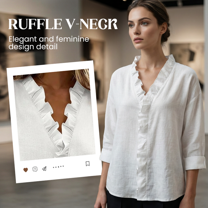 Casual chic women's blouse in soft fabric, featuring a stylish ruffle neck and comfortable long sleeves.