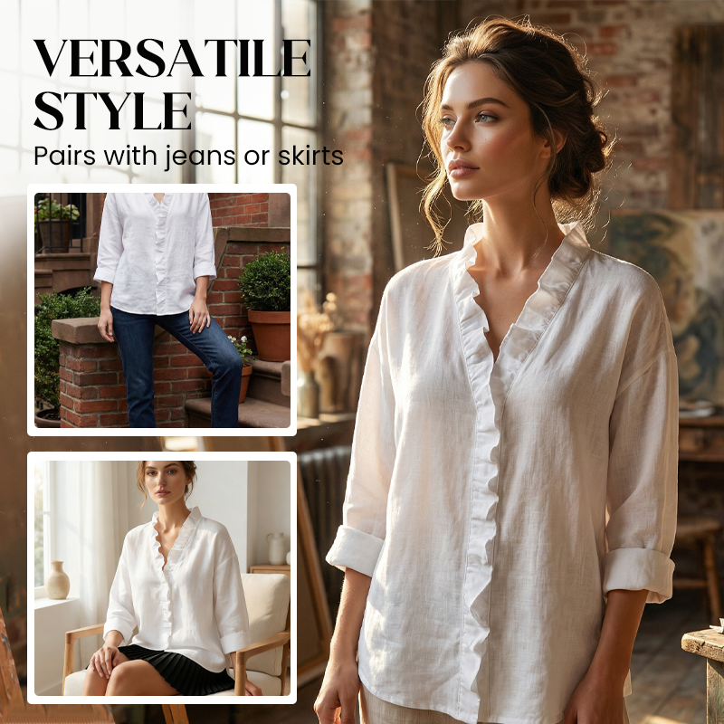 Women's professional long sleeve blouse with a refined ruffle neck, ideal for business and smart casual.