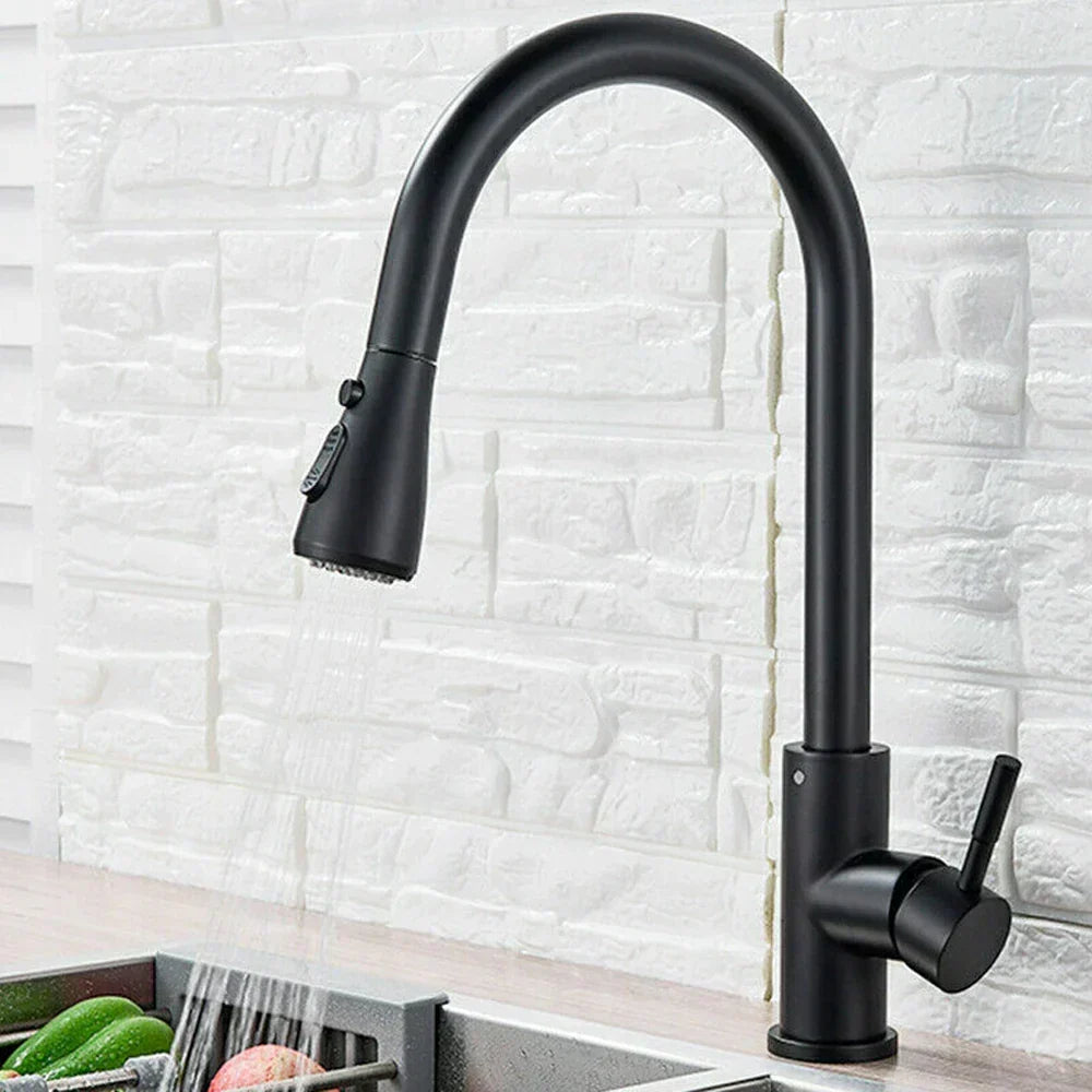 Modern kitchen faucet with pull-down sprayer, single lever mixer, & retractable design.