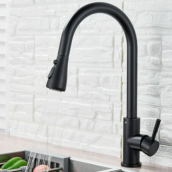 Modern kitchen faucet with pull-down sprayer, single lever mixer, & retractable design.