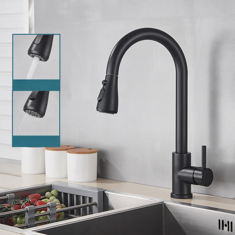 Sleek retractable kitchen faucet with a convenient pull-down sprayer and single lever control.
