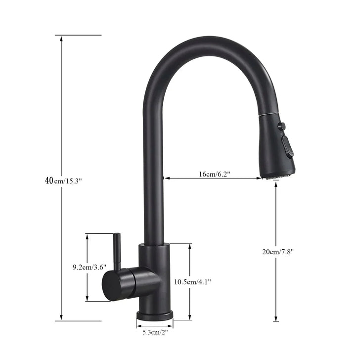 Stainless steel retractable kitchen faucet with pull-down sprayer & single lever for modern sink.
