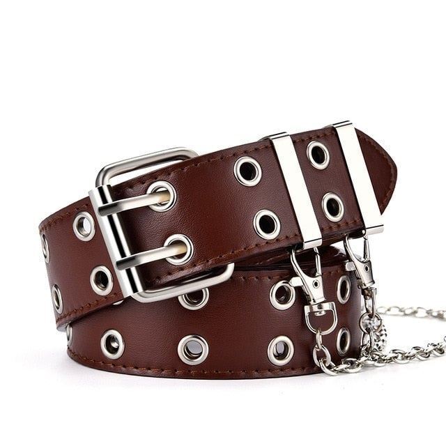 Grunge style women's belt, genuine leather, adjustable retro punk accessory.