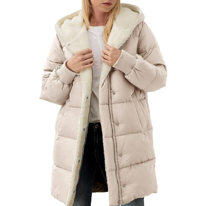 Reversible cotton women's winter coat with hood, Nina, perfect for versatile cold weather fashion.