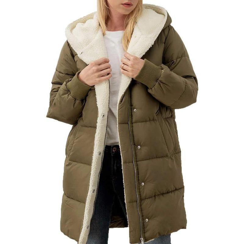 Practical women's reversible hooded winter coat, Nina, providing warmth & versatility for daily wear.