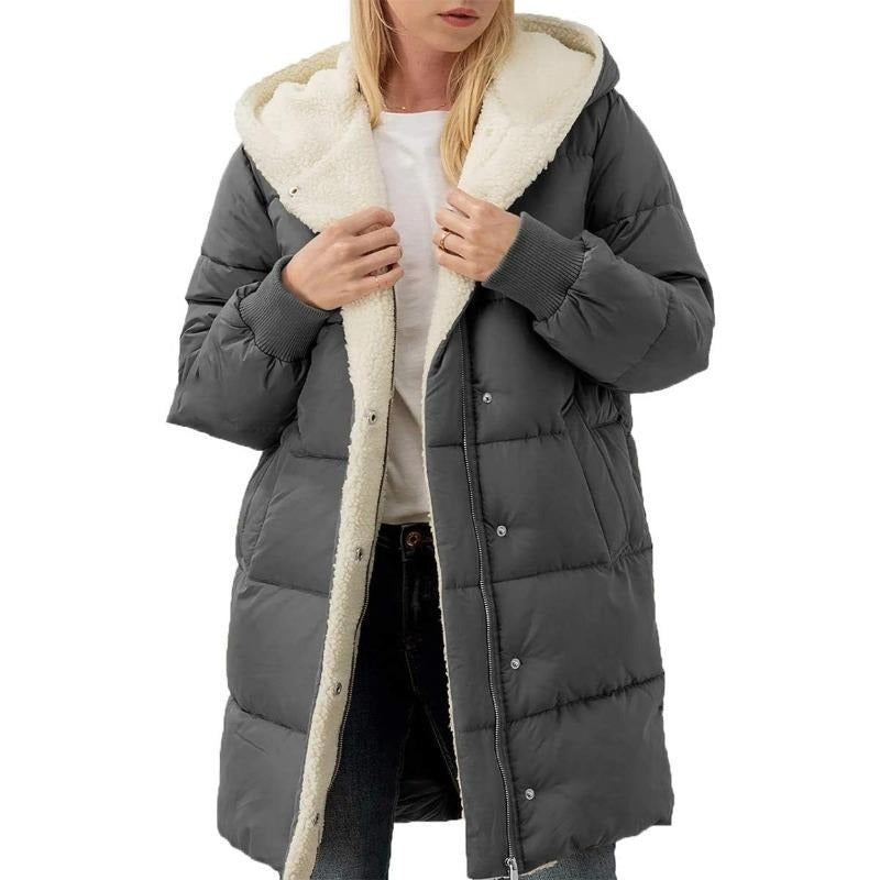 Nina women's reversible hooded winter coat, warm outerwear for versatile fall and cold weather style.