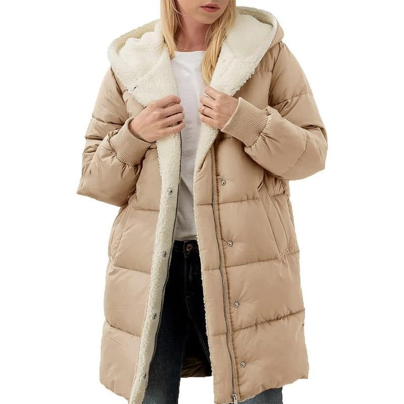 Warm women's reversible winter coat, hooded Nina style, ideal for stylish fall and cold weather.