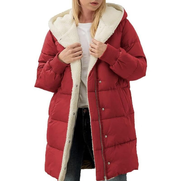 Women's reversible hooded winter coat, Nina model, offering versatile style for cold weather outerwear.